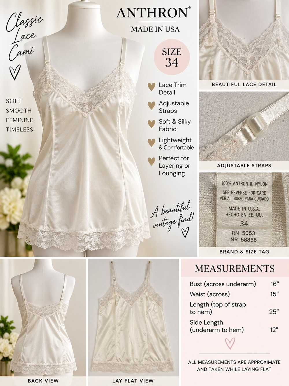 Anthron Vintage Ivory Lace Camisole — Size 34